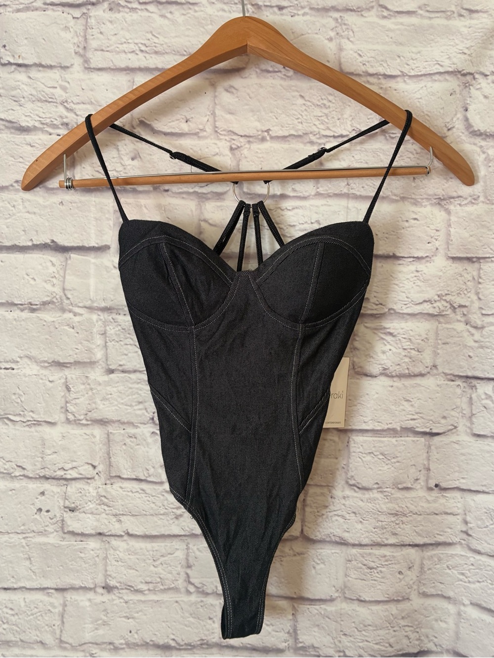 meraki Women’s Corset Black Cotton Denim Bodysuit - Medium